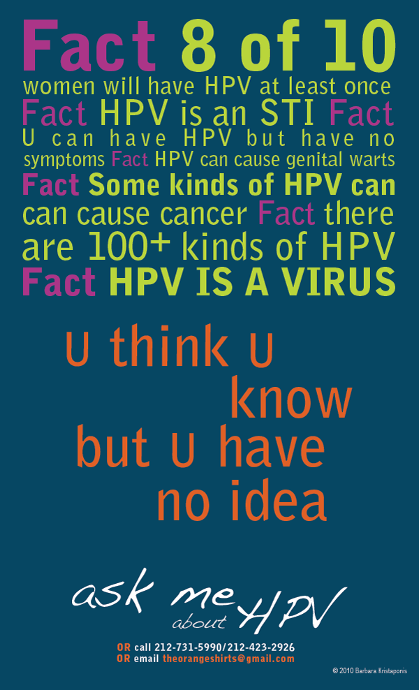 HPV Poster for Adolescent Health Clinic: Fact: 8 of 10 women will have HPV at least once. Fact: HPV is an STI. Fact: You can have HPV but have no symptoms, Fact: HPV is a Virus ... You think you know but you have no idea..