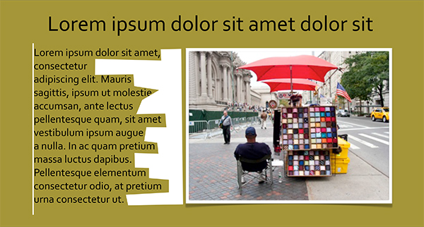 Photograph of a man selling umbrellas near the NYC Metropolitan Museum of Art with left-aligned text showing trappled white space