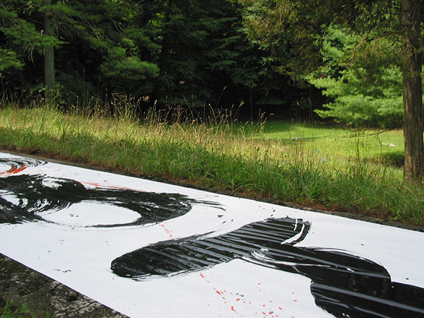 Long shot photograph of black calligraphy stroke painted by workshop participant using a big brush on white paper outside on the grass