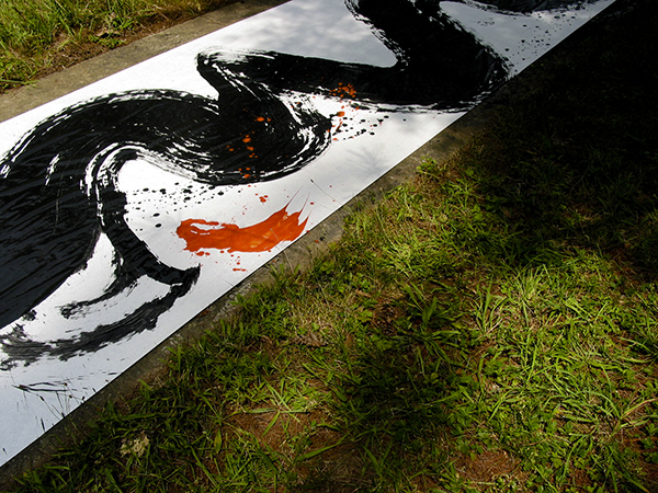 Medium shot photograph of red and black calligraphy strokes using a big brush on white paper outside on the grass