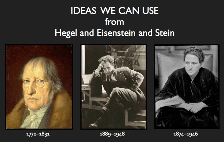 Photographs of Georg Wilhelm Friedrich Hegel Hegel, Sergei Eisenstein, and Gertrude Stein with text: Ideas we can use from Hegel and Eisenstein and Stein.