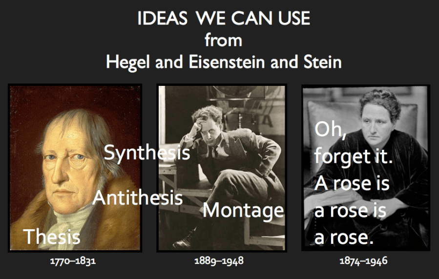 Photographs of Georg Wilhelm Friedrich Hegel Hegel, Sergei Eisenstein, and Gertrude Stein with text: Ideas we can use from Hegel and Eisenstein and Stein and the words: thesis, antithesis, synthesis, montage, and oh, forget it, a rose is a rose is a rose.
