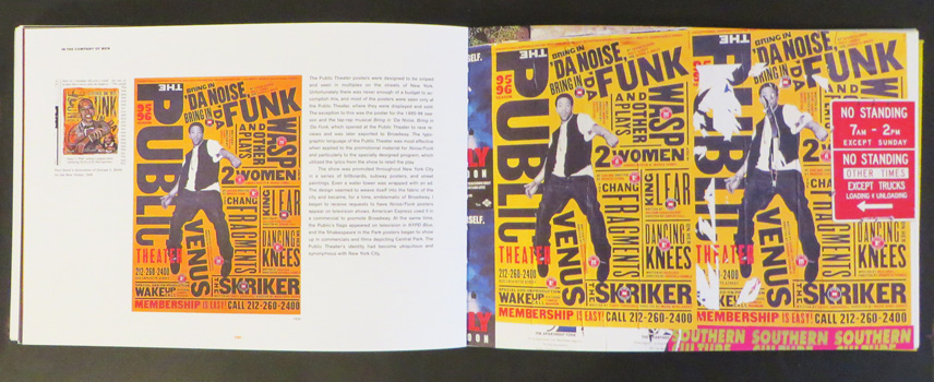 Pages from "Make It Bigger" by Paula Scher showing her posters for "Bring in Da Funk, Bring in Da Noise" at the Public Theater in NYC